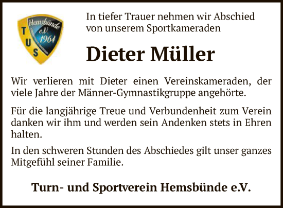 Traueranzeige von Dieter Müller von SYK