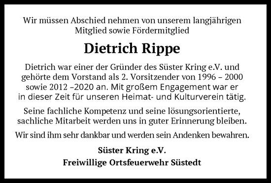 Traueranzeige von Dietrich Rippe von SYK