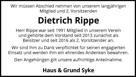 Traueranzeige von Dietrich Rippe von SYK