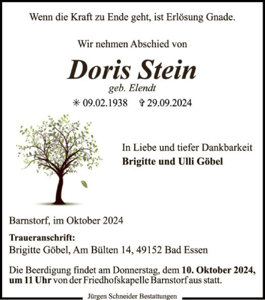  Traueranzeige für Doris Stein vom 05.10.2024 aus SYK