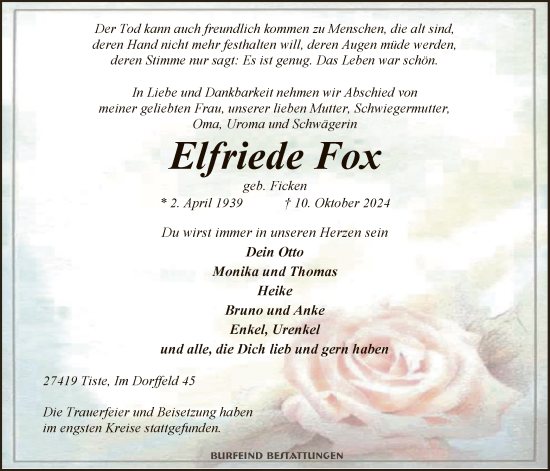 Traueranzeige von Elfriede Fox von SYK