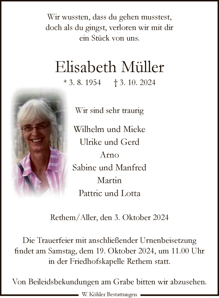  Traueranzeige für Elisabeth Müller vom 12.10.2024 aus SYK