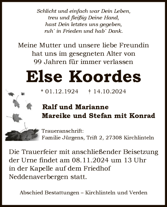 Traueranzeige von Else Koordes von SYK