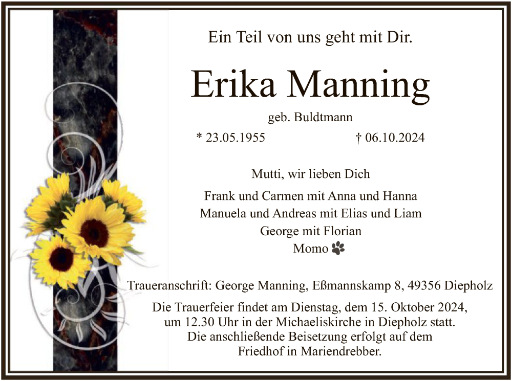  Traueranzeige für Erika Manning vom 09.10.2024 aus SYK