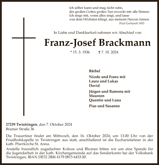 Traueranzeige von Franz-Josef Brackmann von SYK