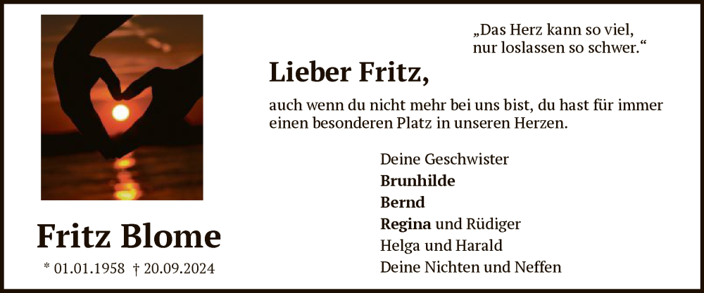  Traueranzeige für Fritz Blome vom 05.10.2024 aus SYKSYK