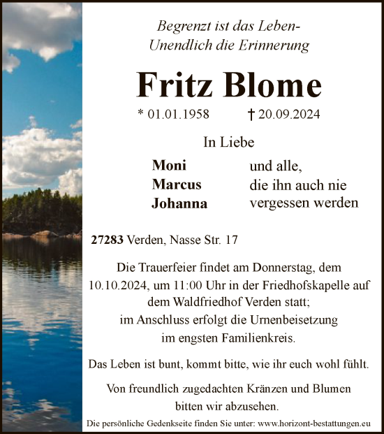 Traueranzeige von Fritz Blome von SYKSYK