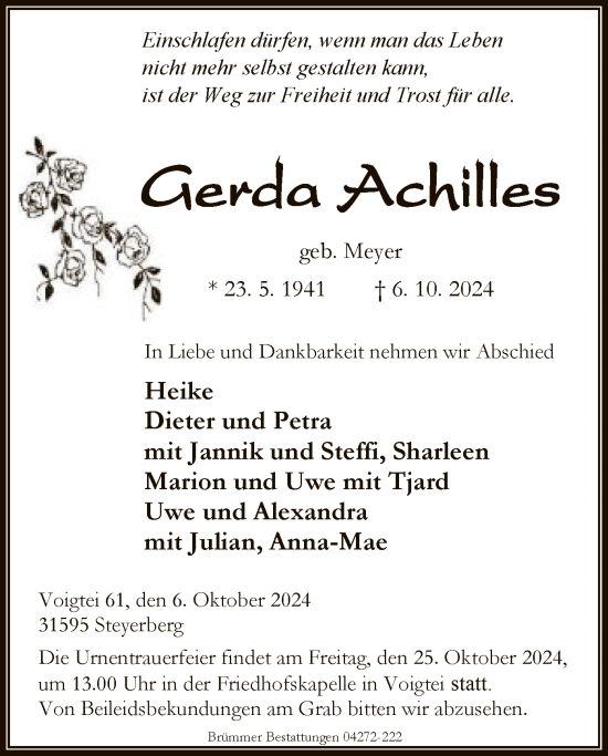 Traueranzeige von Gerda Achilles von SYK