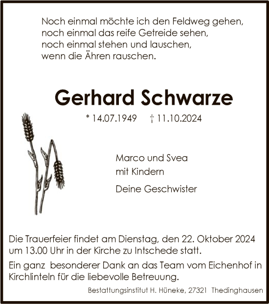 Traueranzeige von Gerhard Schwarze von SYK