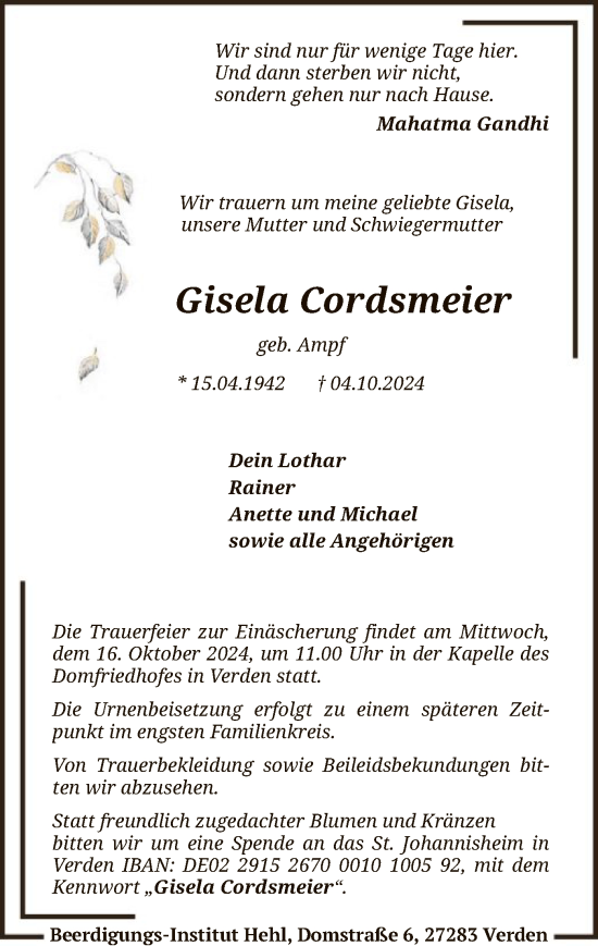 Traueranzeige von Gisela Cordsmeier von SYK