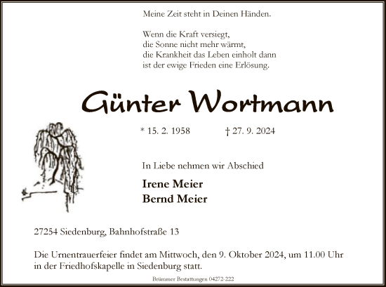 Traueranzeige von Günter Wortmann von SYK
