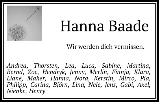 Traueranzeige von Hanna Baade von SYK