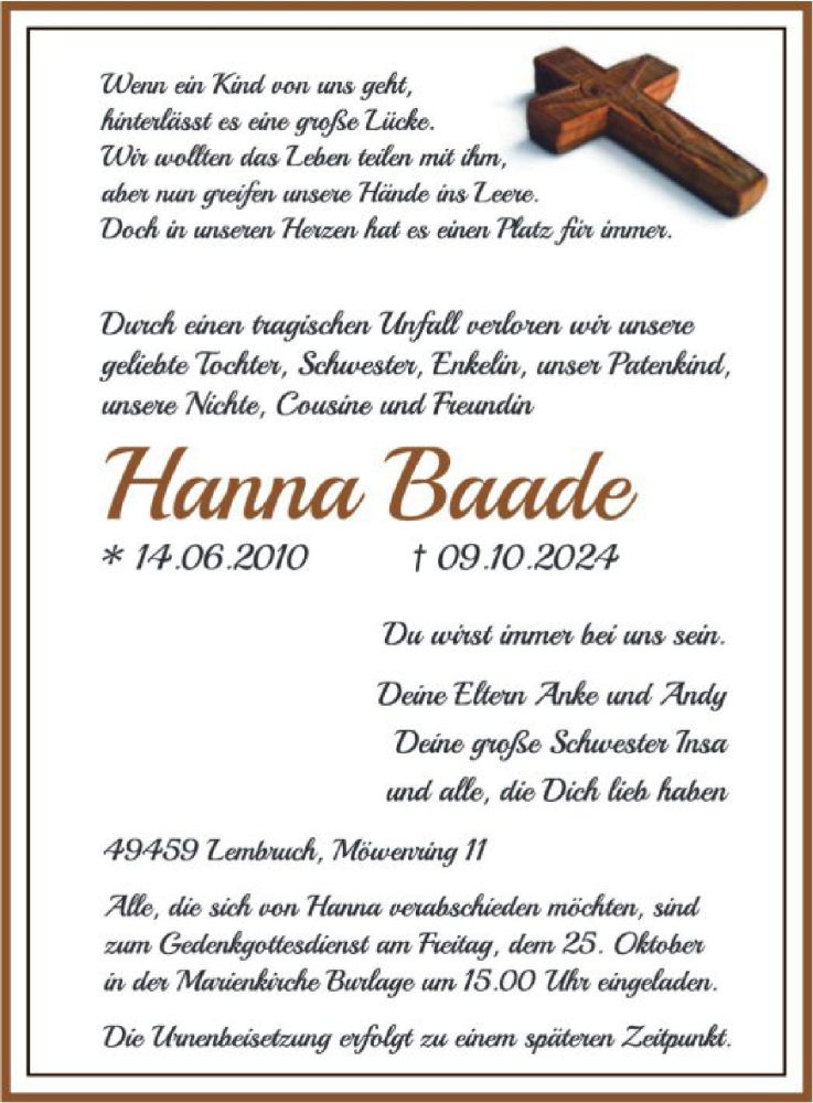  Traueranzeige für Hanna Baade vom 19.10.2024 aus SYK