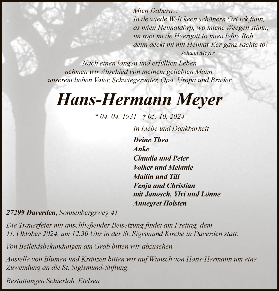  Traueranzeige für Hans-Hermann Meyer vom 09.10.2024 aus SYK