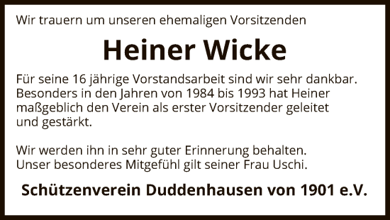 Traueranzeige von Heiner Wicke von SYK