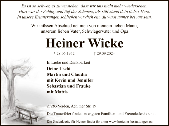 Traueranzeige von Heiner Wicke von SYK