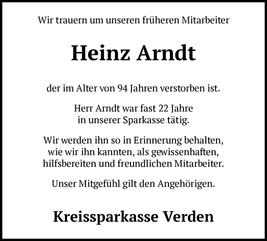 Traueranzeige von Heinz Arndt von SYK