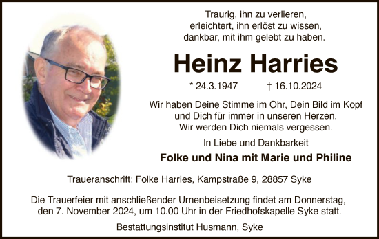 Traueranzeige von Heinz Harries von SYK