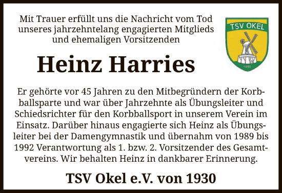 Traueranzeige von Heinz Harries von SYK