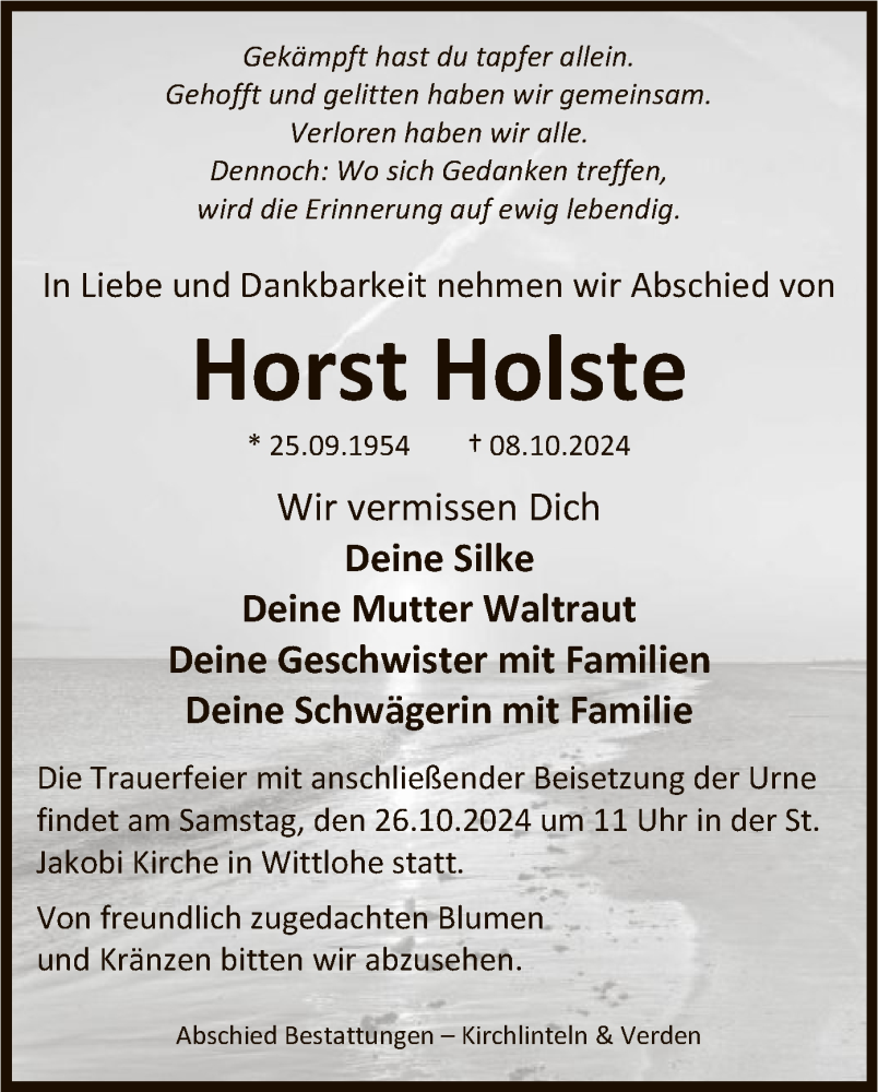  Traueranzeige für Horst Holste vom 15.10.2024 aus SYK