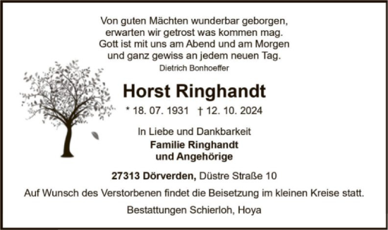 Traueranzeige von Horst Ringhandt von SYK