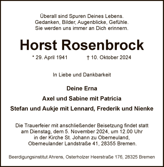 Traueranzeige von Horst Rosenbrock von SYK