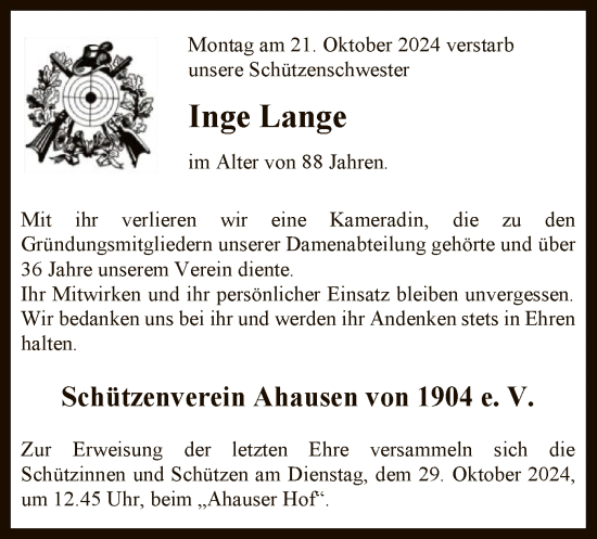 Traueranzeige von Inge Lange von SYK