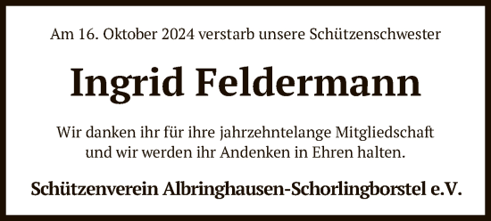 Traueranzeige von Ingrid Feldermann von SYK