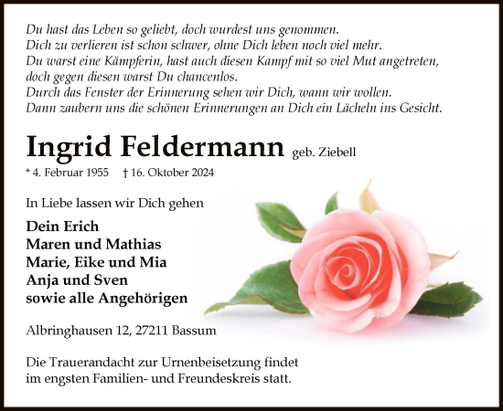 Traueranzeige von Ingrid Feldermann von SYK