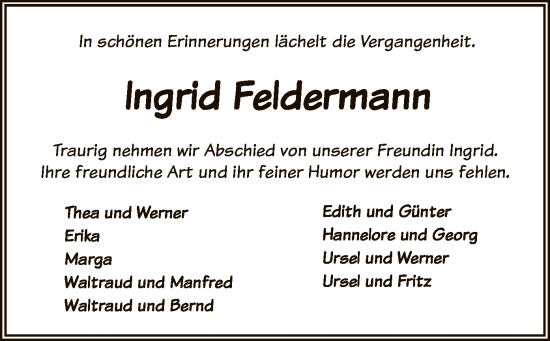 Traueranzeige von Ingrid Feldermann von SYK