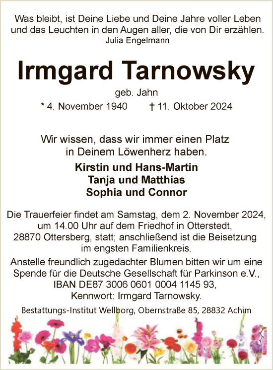 Traueranzeige von Irmgard Tarnowsky von SYK