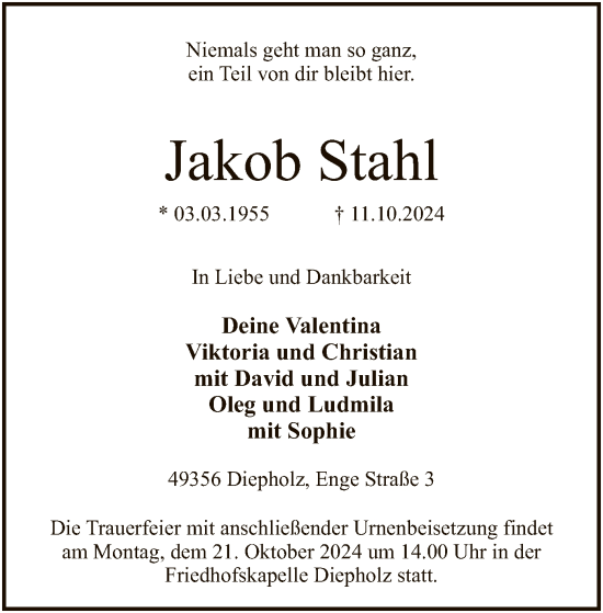 Traueranzeige von Jakob Stahl von SYK