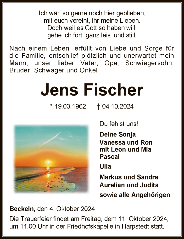  Traueranzeige für Jens Fischer vom 09.10.2024 aus SYKSYK