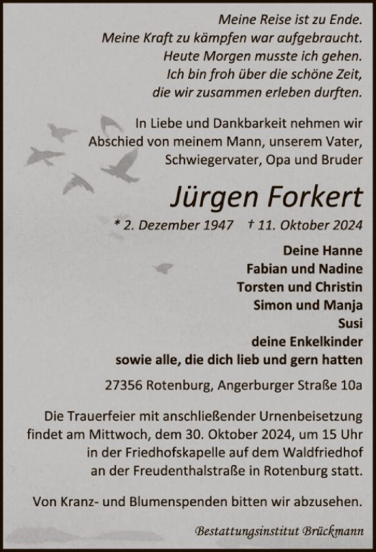 Traueranzeige von Jürgen Forkert von SYK