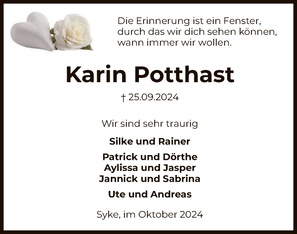  Traueranzeige für Karin Potthast vom 05.10.2024 aus SYK