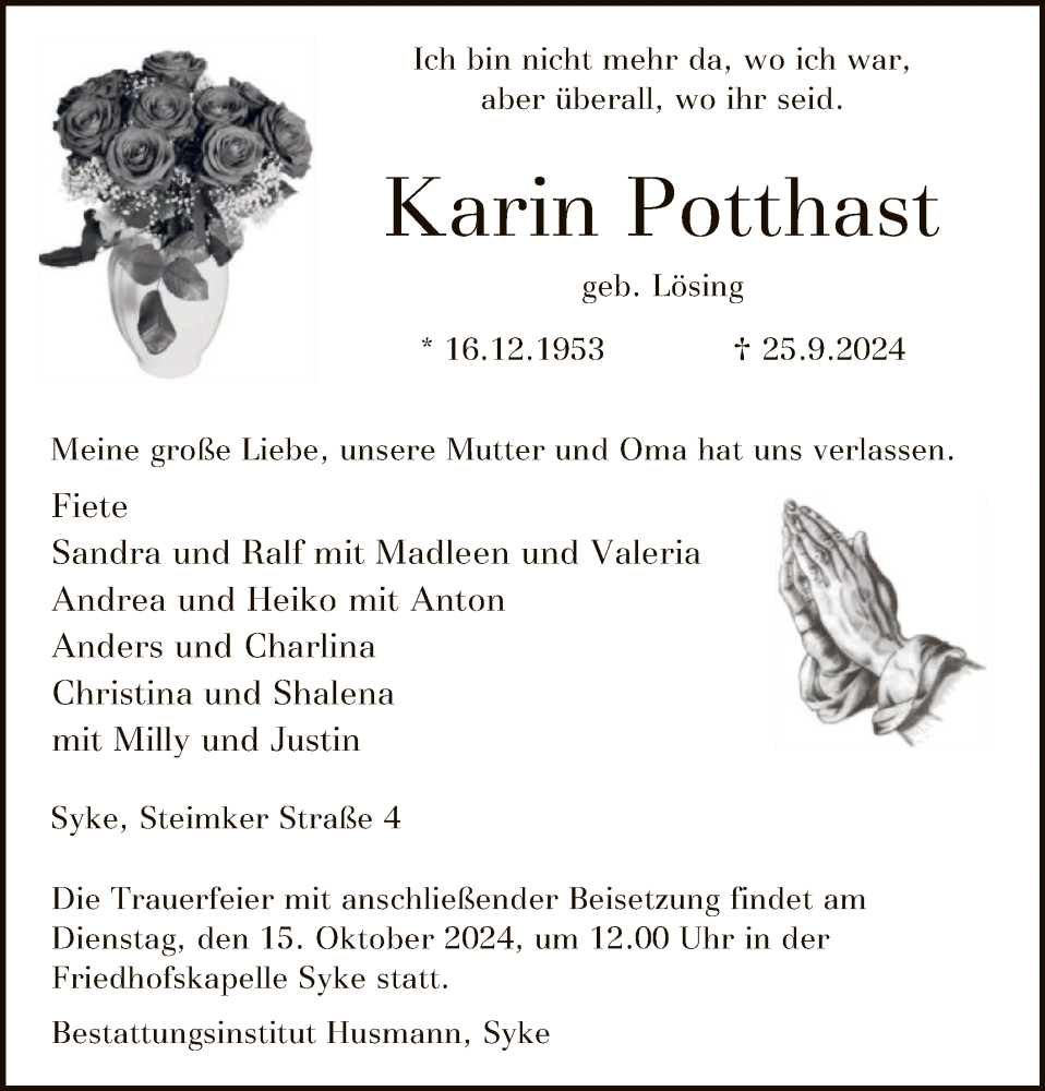  Traueranzeige für Karin Potthast vom 05.10.2024 aus SYK