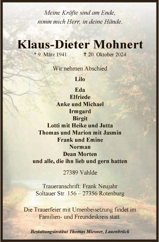 Traueranzeige von Klaus-Dieter Mohnert von SYK