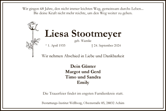 Traueranzeige von Liesa Stootmeyer von SYK