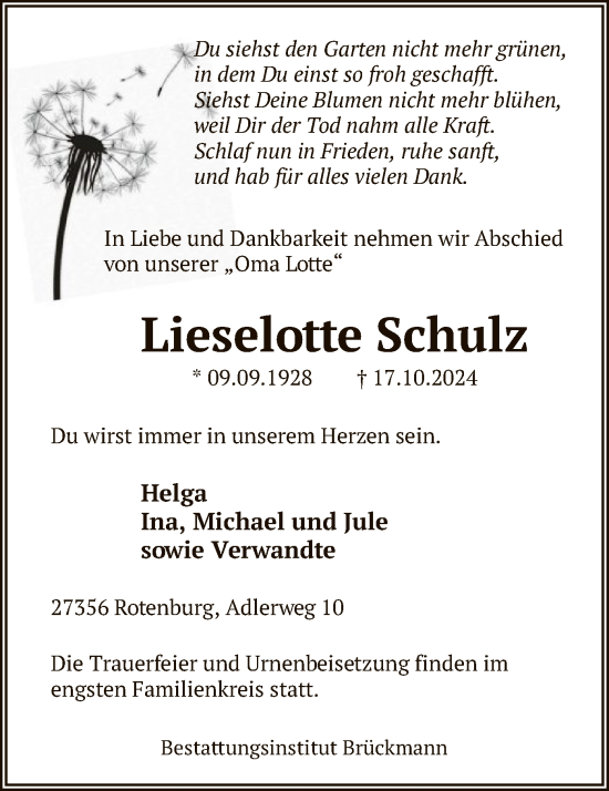 Traueranzeige von Lieselotte Schulz von SYK