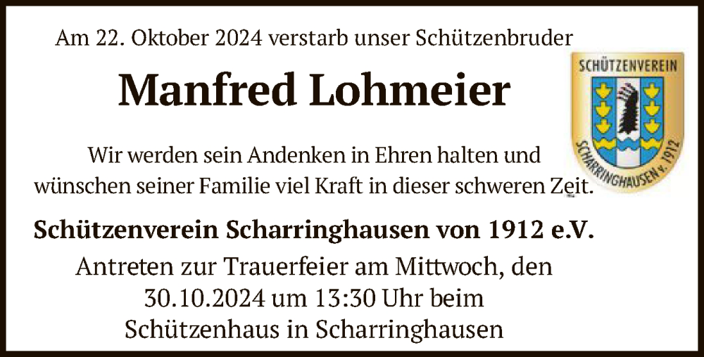  Traueranzeige für Manfred Lohmeier vom 29.10.2024 aus SYK