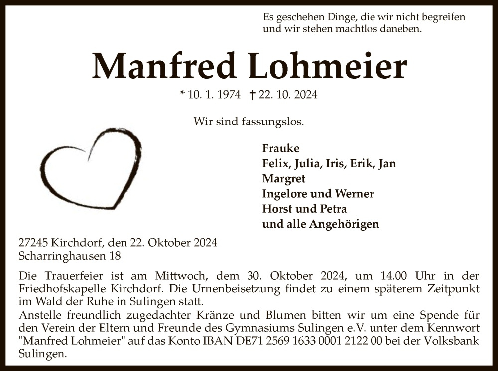  Traueranzeige für Manfred Lohmeier vom 26.10.2024 aus SYK