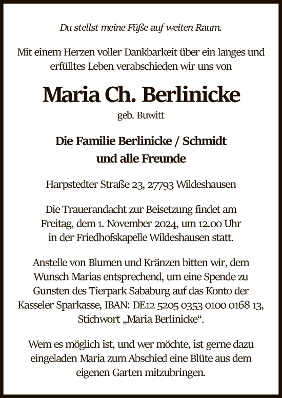 Traueranzeige von Maria Ch. Berlinicke von SYK