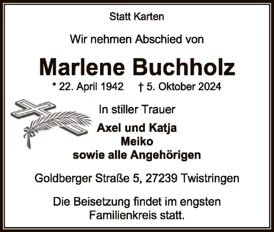 Traueranzeige von Marlene Buchholz von SYK