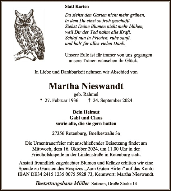 Traueranzeige von Martha Nieswandt von SYK