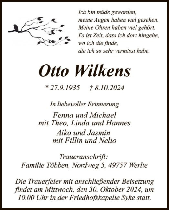 Traueranzeige von Otto Wilkens von SYK