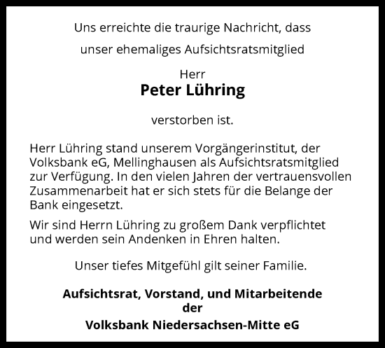 Traueranzeige von Peter Lühring von SYK
