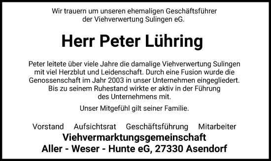 Traueranzeige von Peter Lühring von SYK