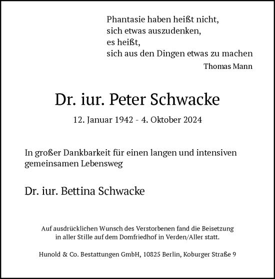 Traueranzeige von Peter Schwacke von SYK