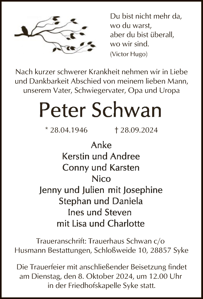  Traueranzeige für Peter Schwan vom 02.10.2024 aus SYK