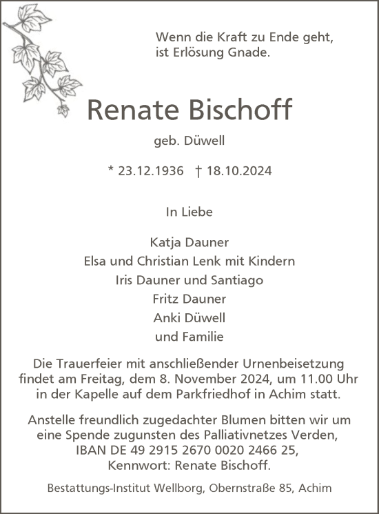 Traueranzeige von Renate Bischoff von SYK